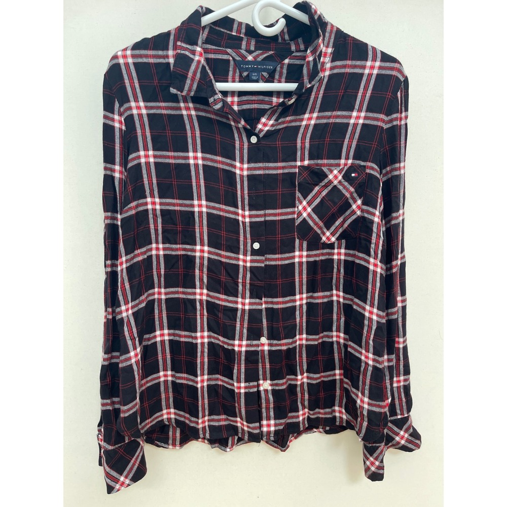 Tommy Hilfiger Womens Large Red Black Plaid Long Sleeve Button Down Shirt Top